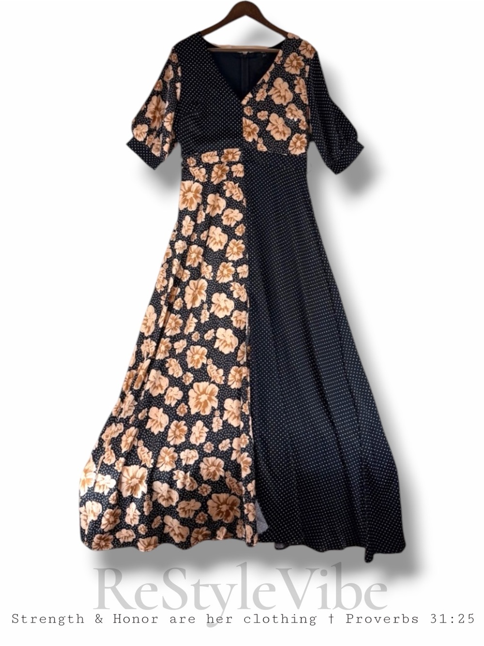 FATE Women’s Size L Dress Maxi Length Lined Front Slit Polka Dot Floral Pattern